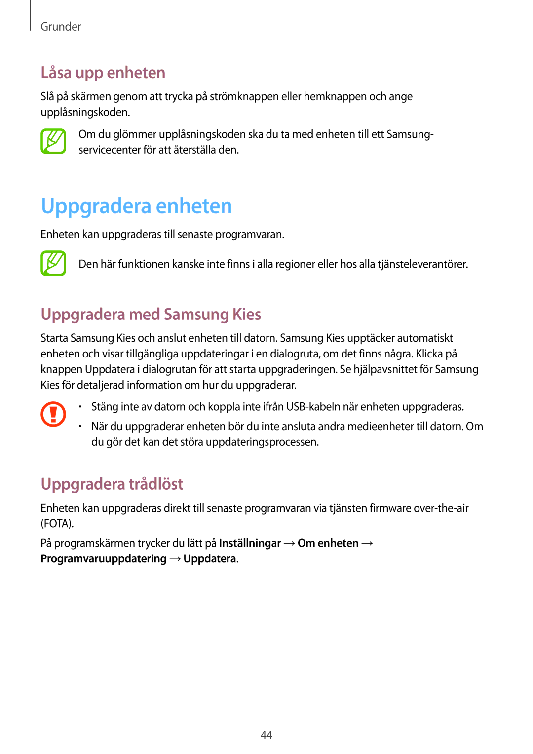 Samsung GT-N5120NKANEE manual Uppgradera enheten, Låsa upp enheten, Uppgradera med Samsung Kies, Uppgradera trådlöst 