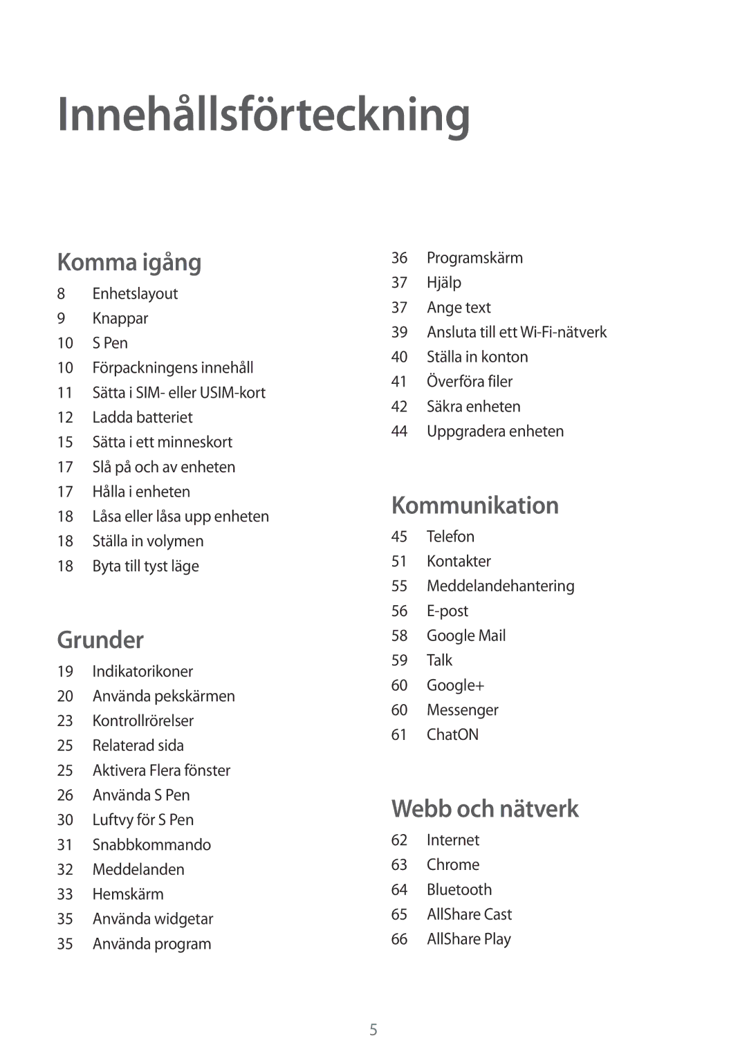 Samsung GT-N5120ZWANEE, GT-N5120NKANEE manual Innehållsförteckning, Komma igång 