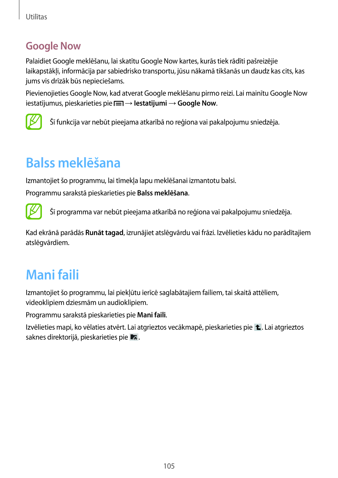 Samsung GT-N5120ZWASEB, GT-N5120NKASEB manual Balss meklēšana, Mani faili, Google Now 
