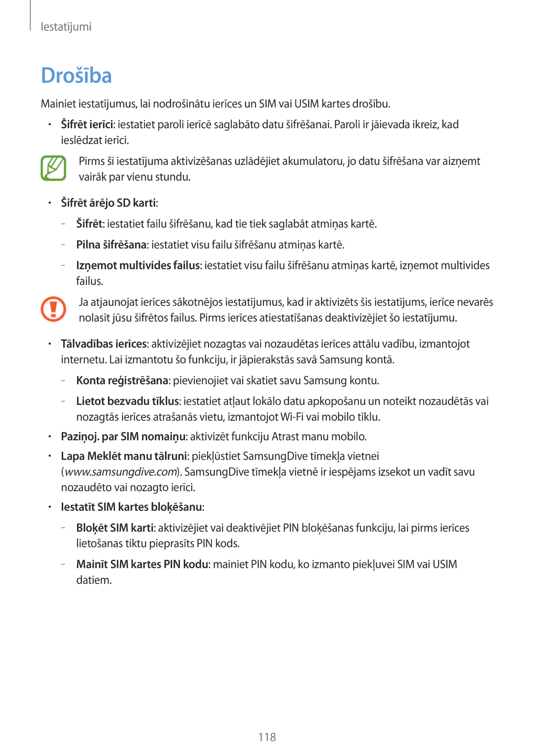 Samsung GT-N5120NKASEB, GT-N5120ZWASEB manual Drošība, Šifrēt ārējo SD karti, Iestatīt SIM kartes bloķēšanu 