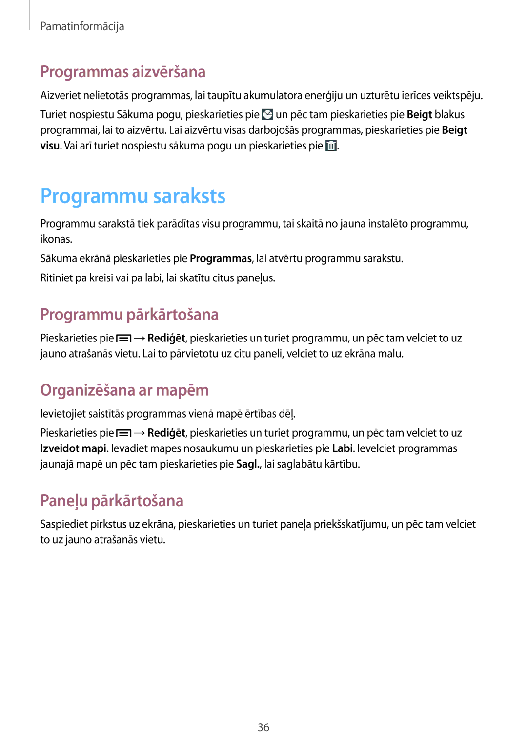 Samsung GT-N5120NKASEB manual Programmu saraksts, Programmas aizvēršana, Programmu pārkārtošana, Organizēšana ar mapēm 