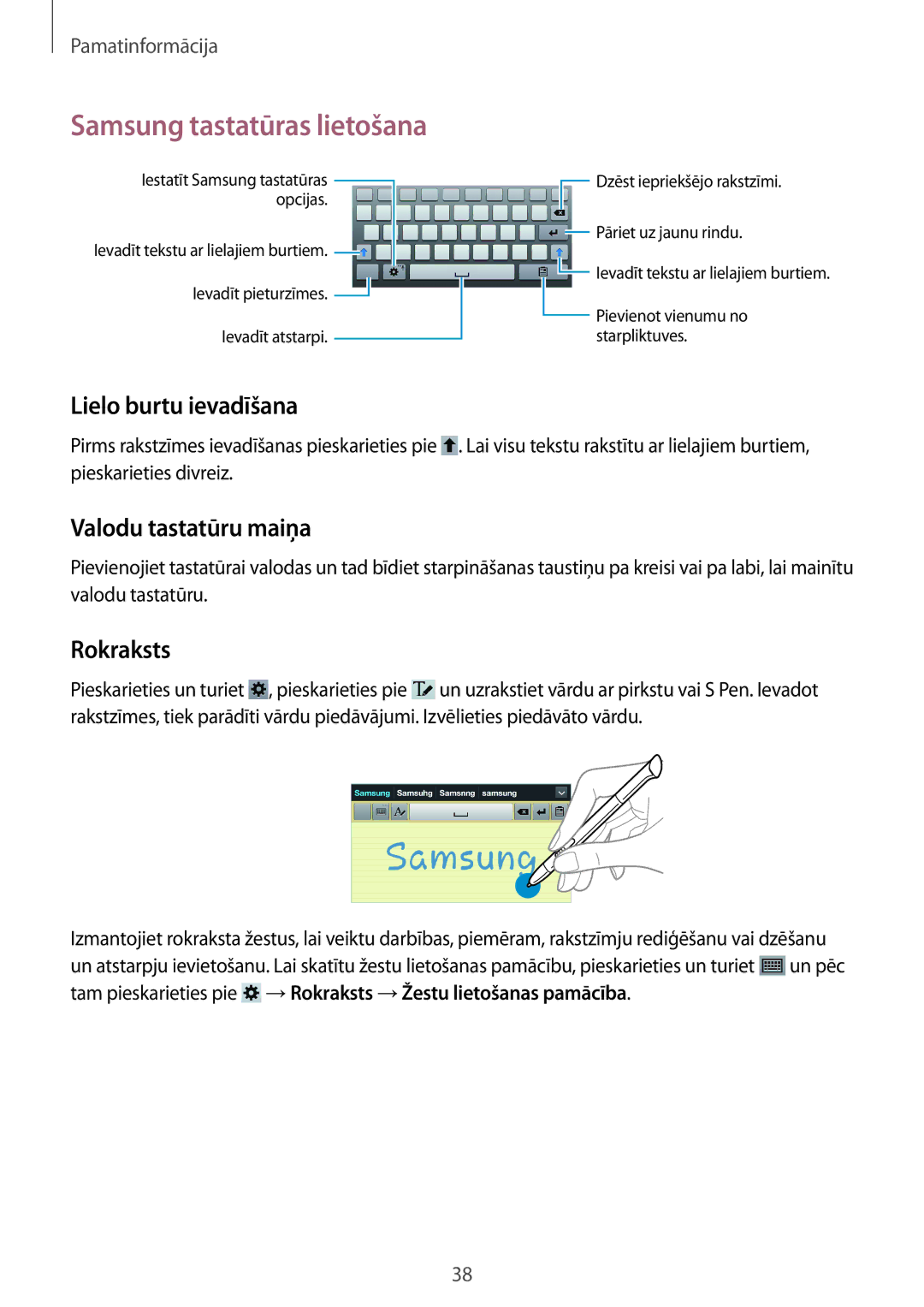 Samsung GT-N5120NKASEB manual Samsung tastatūras lietošana, Lielo burtu ievadīšana, Valodu tastatūru maiņa, Rokraksts 