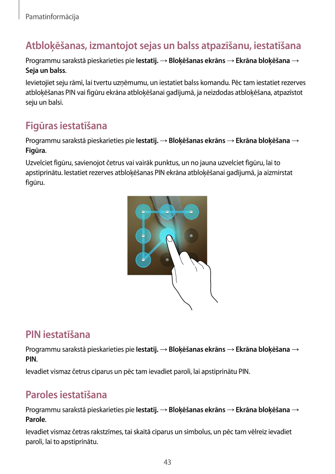 Samsung GT-N5120ZWASEB, GT-N5120NKASEB manual Figūras iestatīšana, PIN iestatīšana, Paroles iestatīšana 