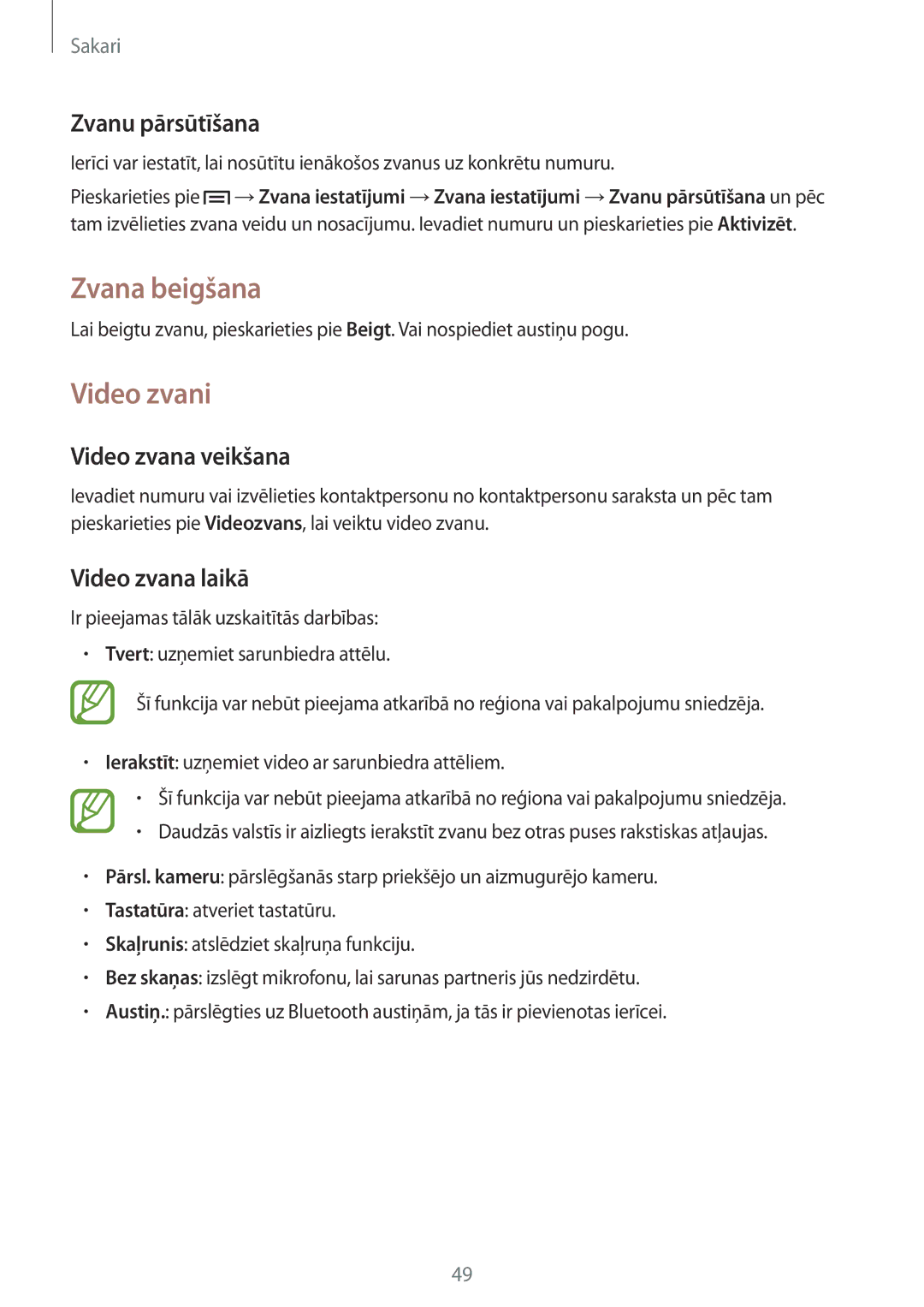 Samsung GT-N5120ZWASEB manual Zvana beigšana, Video zvani, Zvanu pārsūtīšana, Video zvana veikšana, Video zvana laikā 