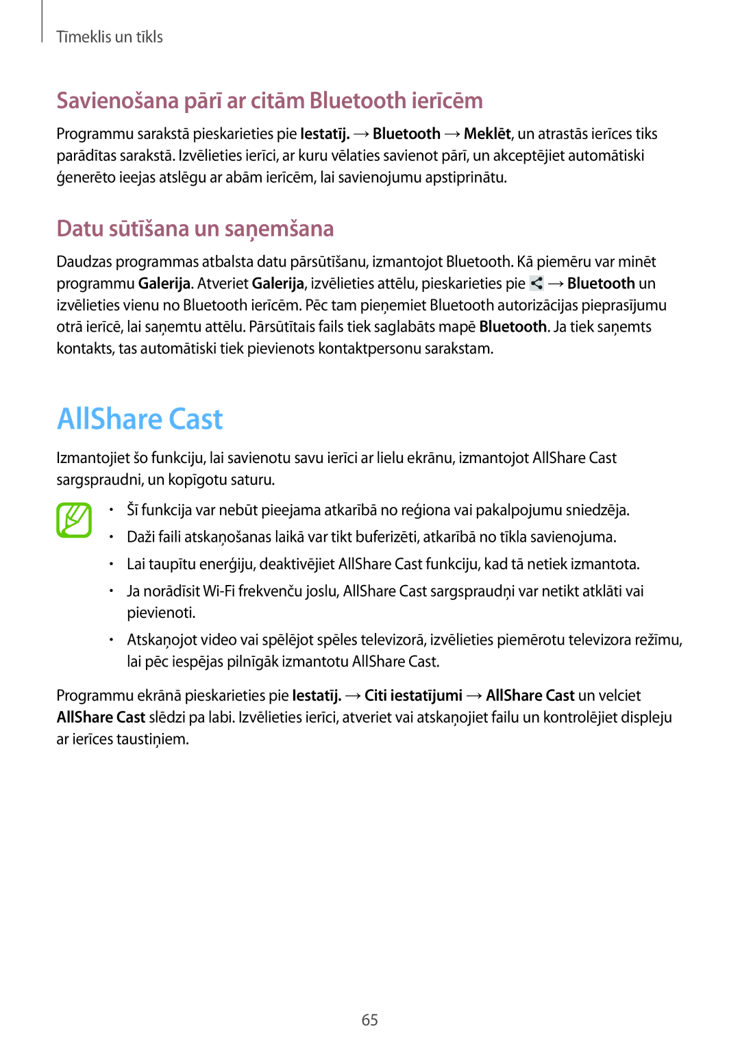Samsung GT-N5120ZWASEB manual AllShare Cast, Savienošana pārī ar citām Bluetooth ierīcēm, Datu sūtīšana un saņemšana 