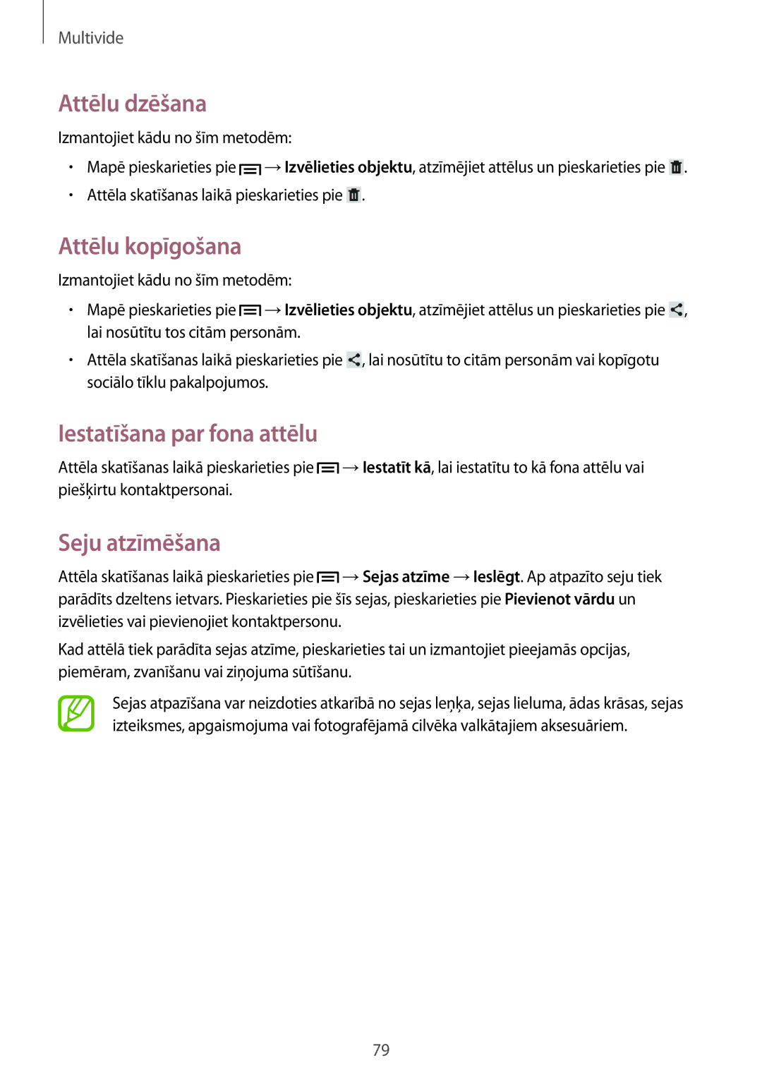 Samsung GT-N5120ZWASEB, GT-N5120NKASEB Attēlu dzēšana, Attēlu kopīgošana, Iestatīšana par fona attēlu, Seju atzīmēšana 