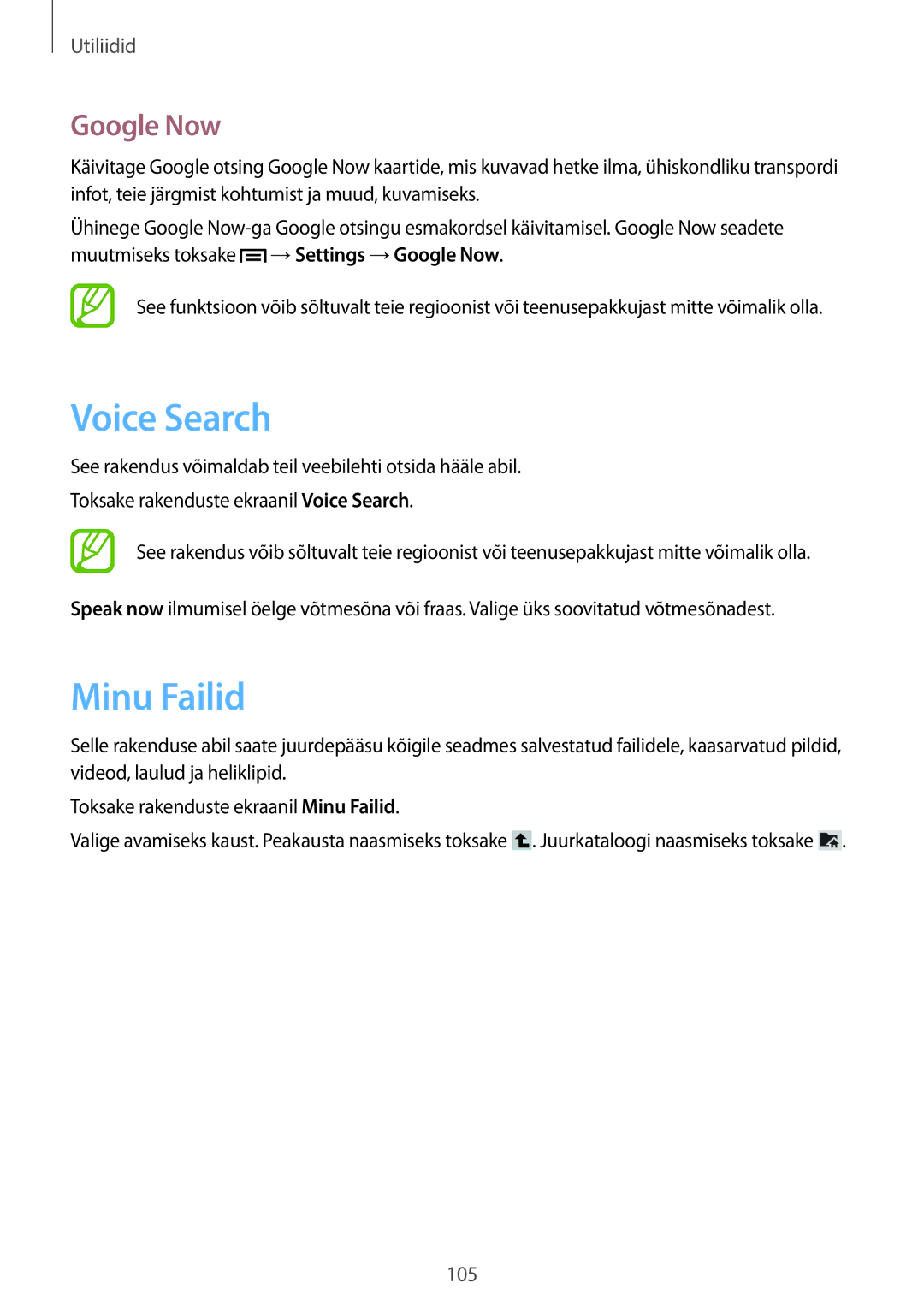 Samsung GT-N5120ZWASEB, GT-N5120NKASEB manual Voice Search, Minu Failid, Google Now 