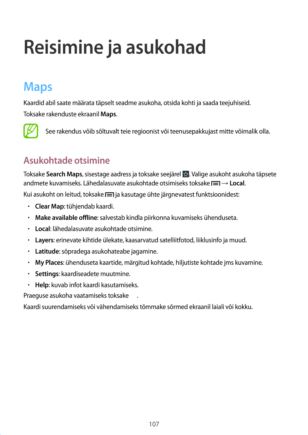 Samsung GT-N5120ZWASEB, GT-N5120NKASEB manual Reisimine ja asukohad, Maps, Asukohtade otsimine 