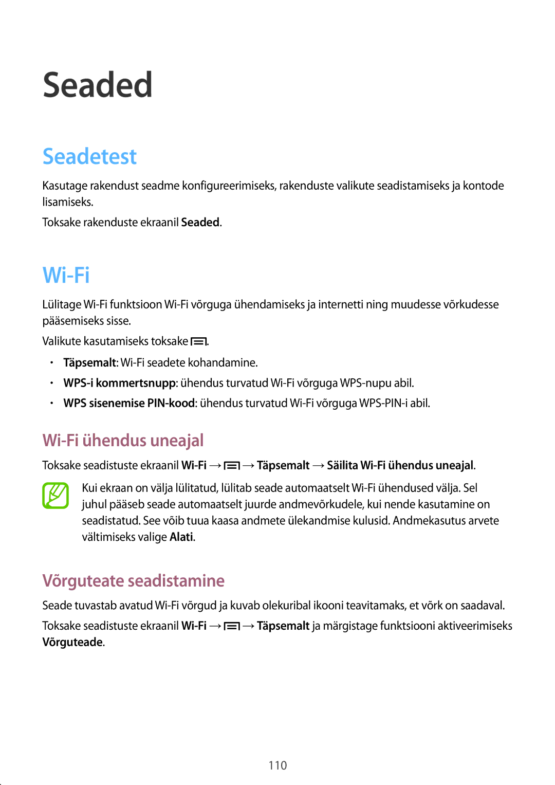 Samsung GT-N5120NKASEB, GT-N5120ZWASEB manual Seaded, Seadetest, Wi-Fi ühendus uneajal, Võrguteate seadistamine 