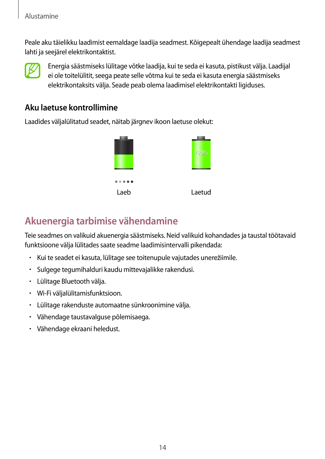 Samsung GT-N5120NKASEB, GT-N5120ZWASEB manual Akuenergia tarbimise vähendamine, Aku laetuse kontrollimine 