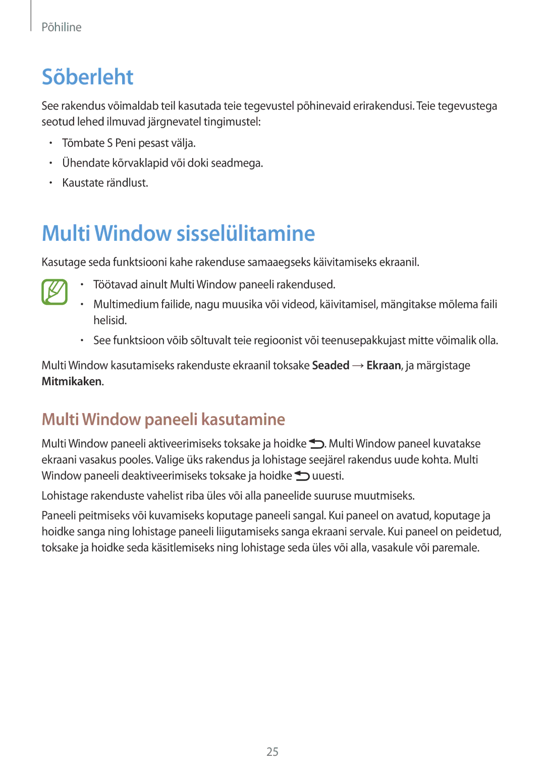 Samsung GT-N5120ZWASEB, GT-N5120NKASEB manual Sõberleht, Multi Window sisselülitamine, Multi Window paneeli kasutamine 