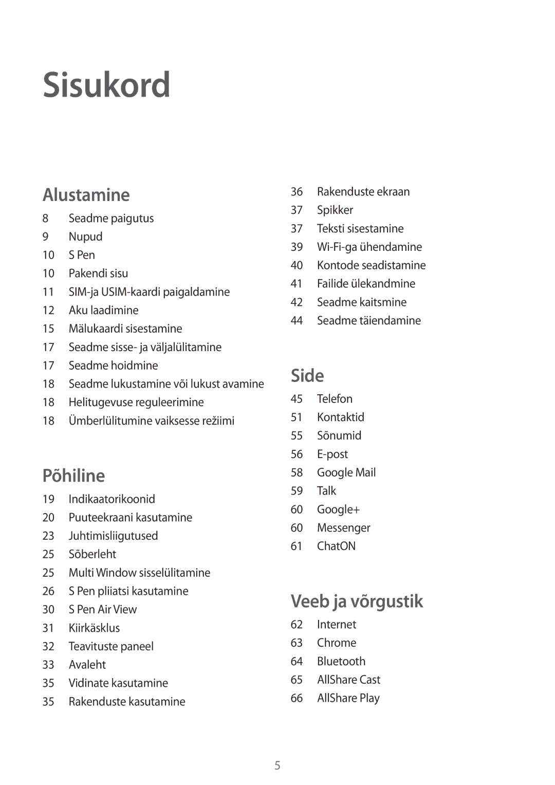 Samsung GT-N5120ZWASEB, GT-N5120NKASEB manual Sisukord, Alustamine 