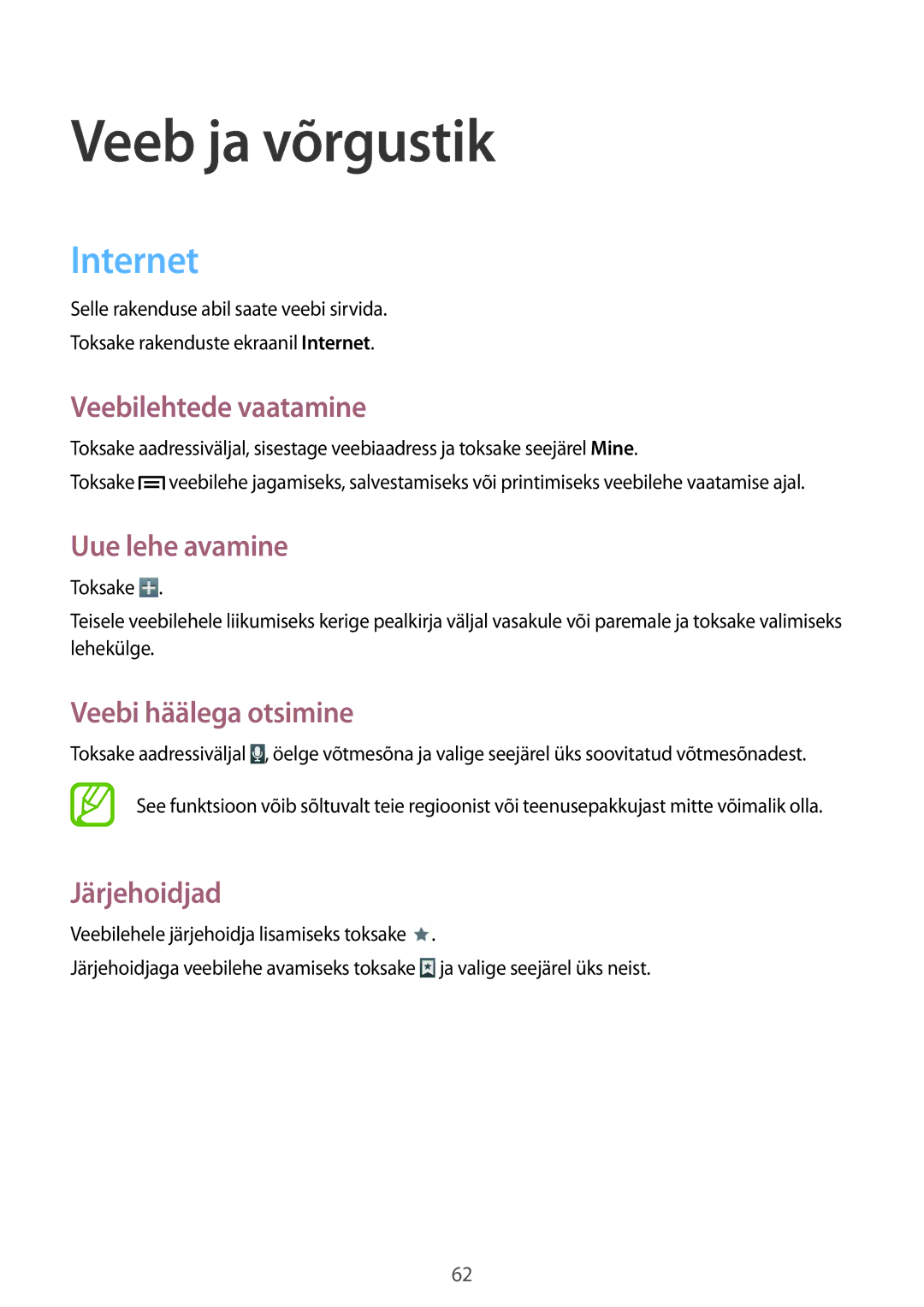 Samsung GT-N5120NKASEB, GT-N5120ZWASEB manual Veeb ja võrgustik, Internet 