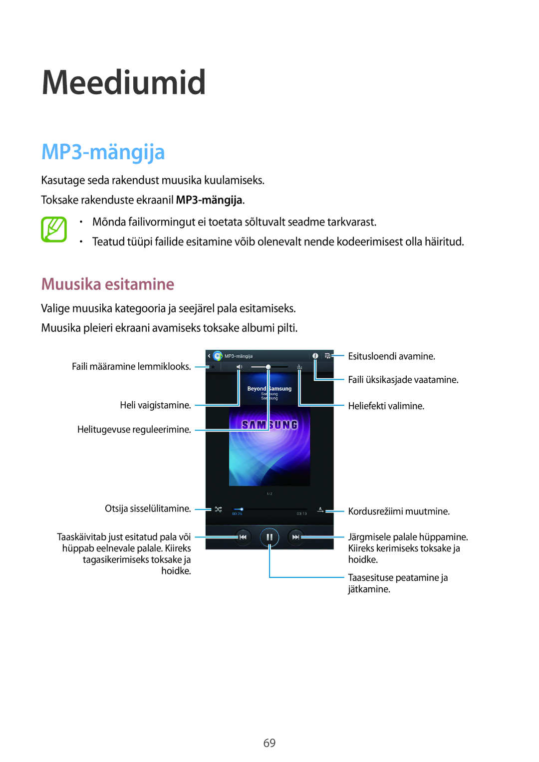 Samsung GT-N5120ZWASEB, GT-N5120NKASEB manual Meediumid, MP3-mängija, Muusika esitamine 