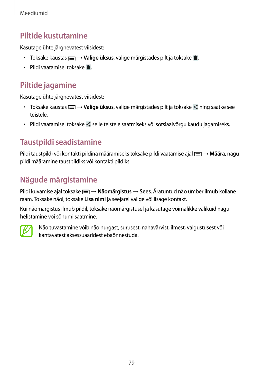 Samsung GT-N5120ZWASEB, GT-N5120NKASEB manual Piltide kustutamine, Piltide jagamine, Nägude märgistamine 