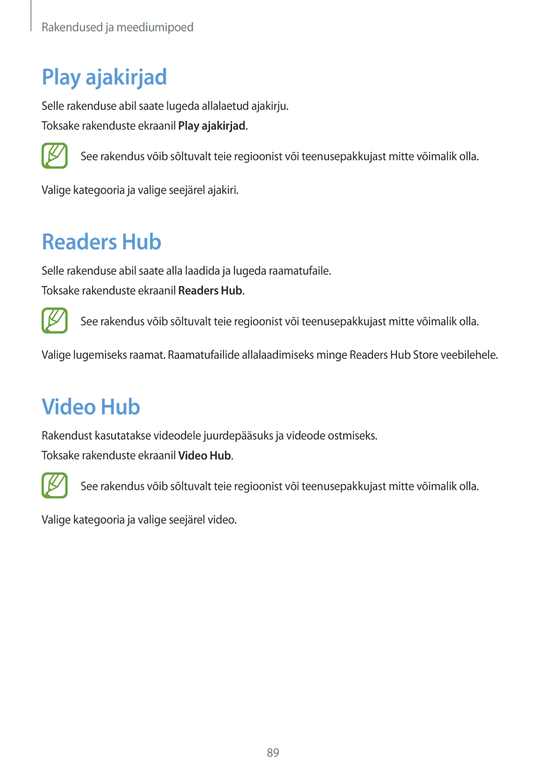 Samsung GT-N5120ZWASEB, GT-N5120NKASEB manual Play ajakirjad, Readers Hub, Video Hub 