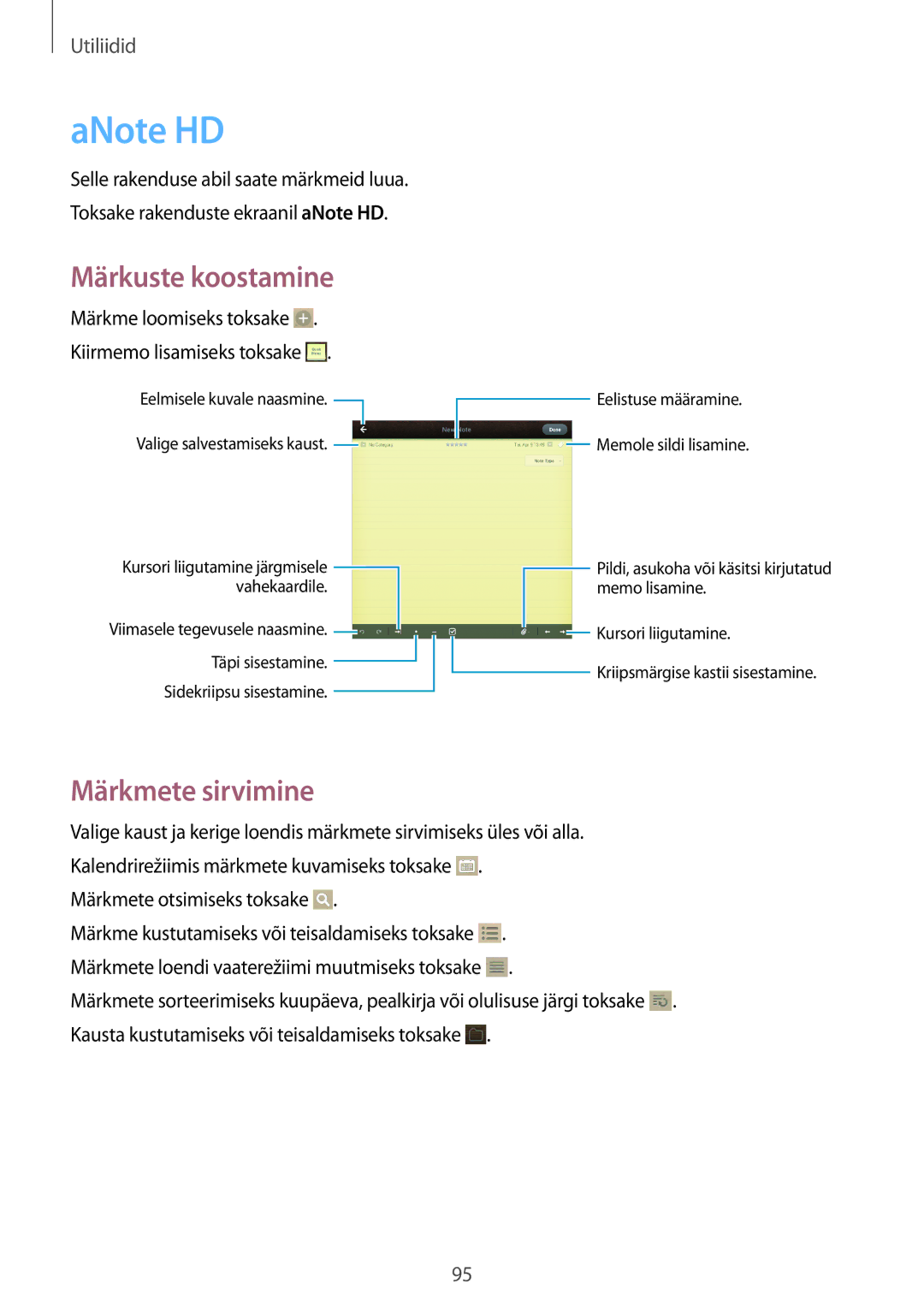 Samsung GT-N5120ZWASEB, GT-N5120NKASEB manual ANote HD, Märkme loomiseks toksake . Kiirmemo lisamiseks toksake 