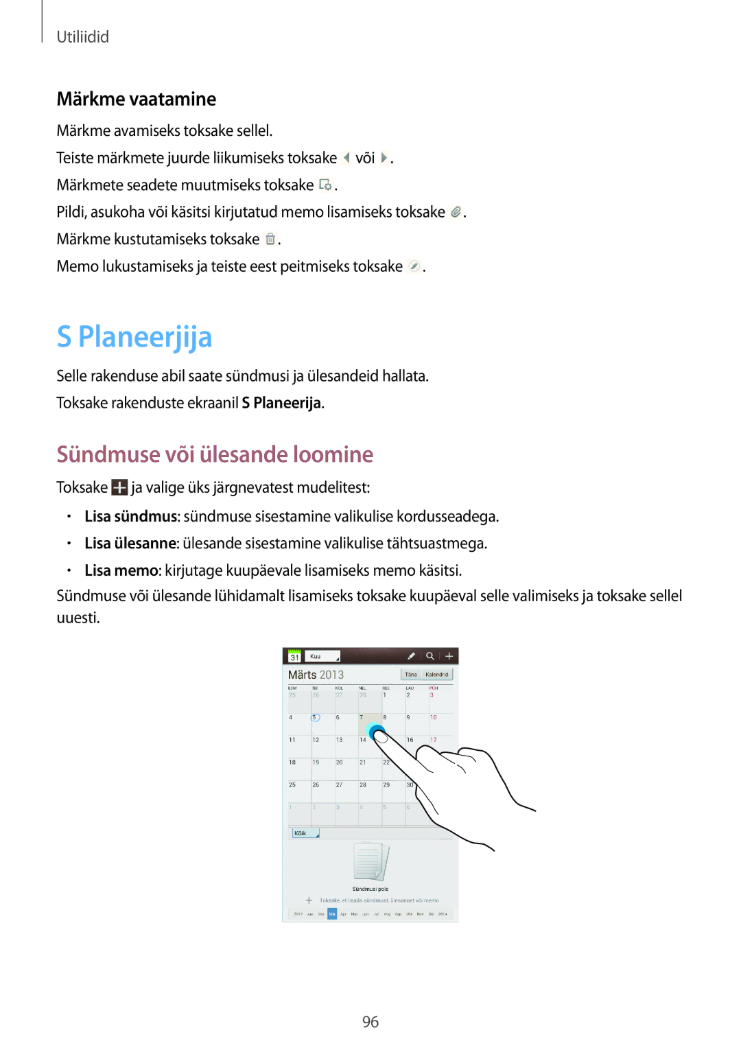 Samsung GT-N5120NKASEB, GT-N5120ZWASEB manual Planeerjija, Sündmuse või ülesande loomine 