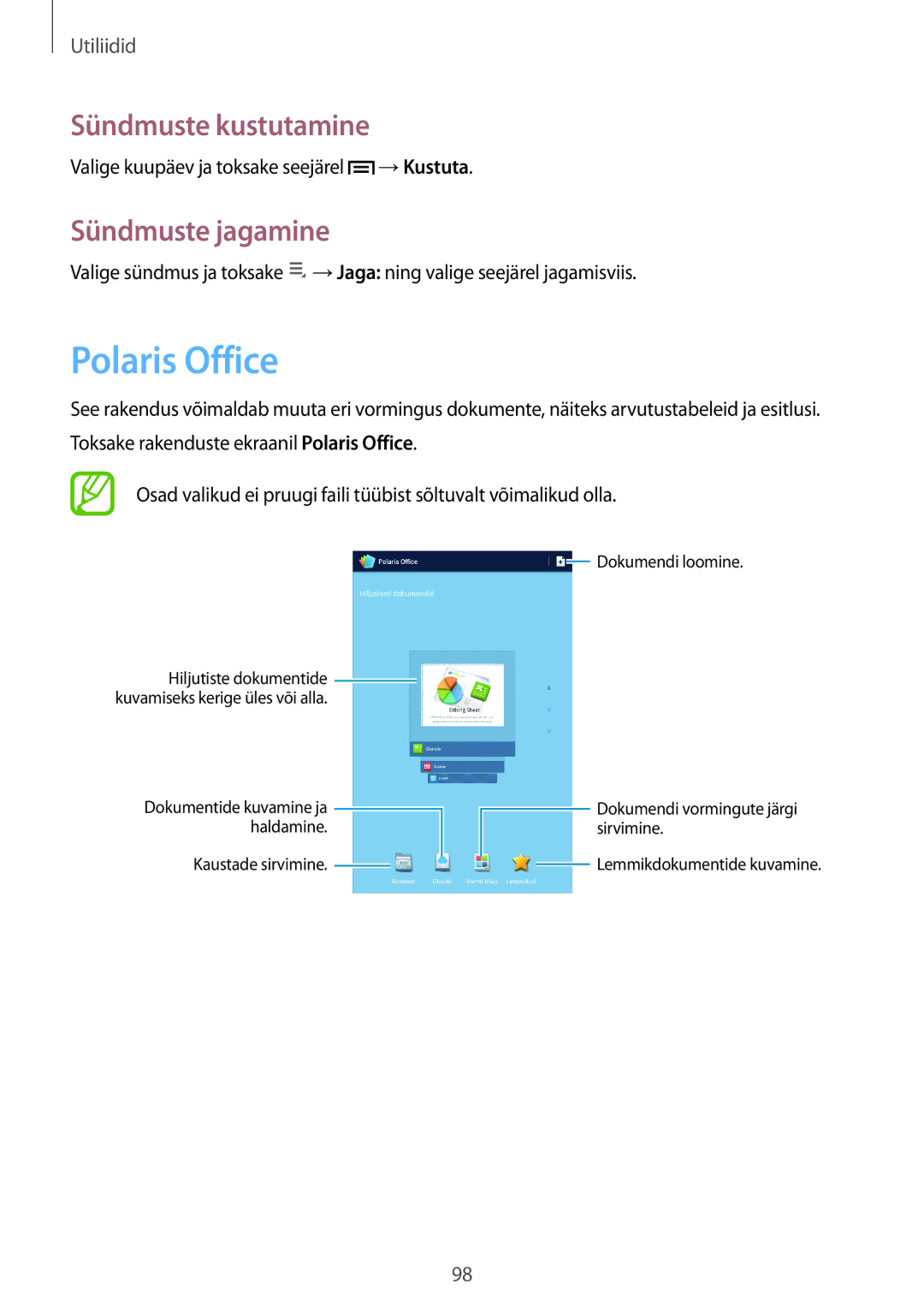 Samsung GT-N5120NKASEB, GT-N5120ZWASEB manual Polaris Office, Sündmuste kustutamine, Sündmuste jagamine 