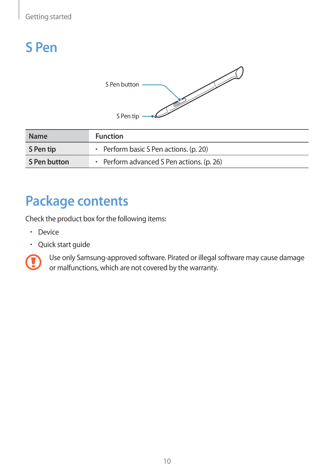 Samsung GT-N5120NKANEE, GT-N5120NKAXEF, GT-N5120ZWAXEF, GT-N5120ZWAO2C, GT-N5120ZWANEE, GT-N5120NKASEB Pen, Package contents 