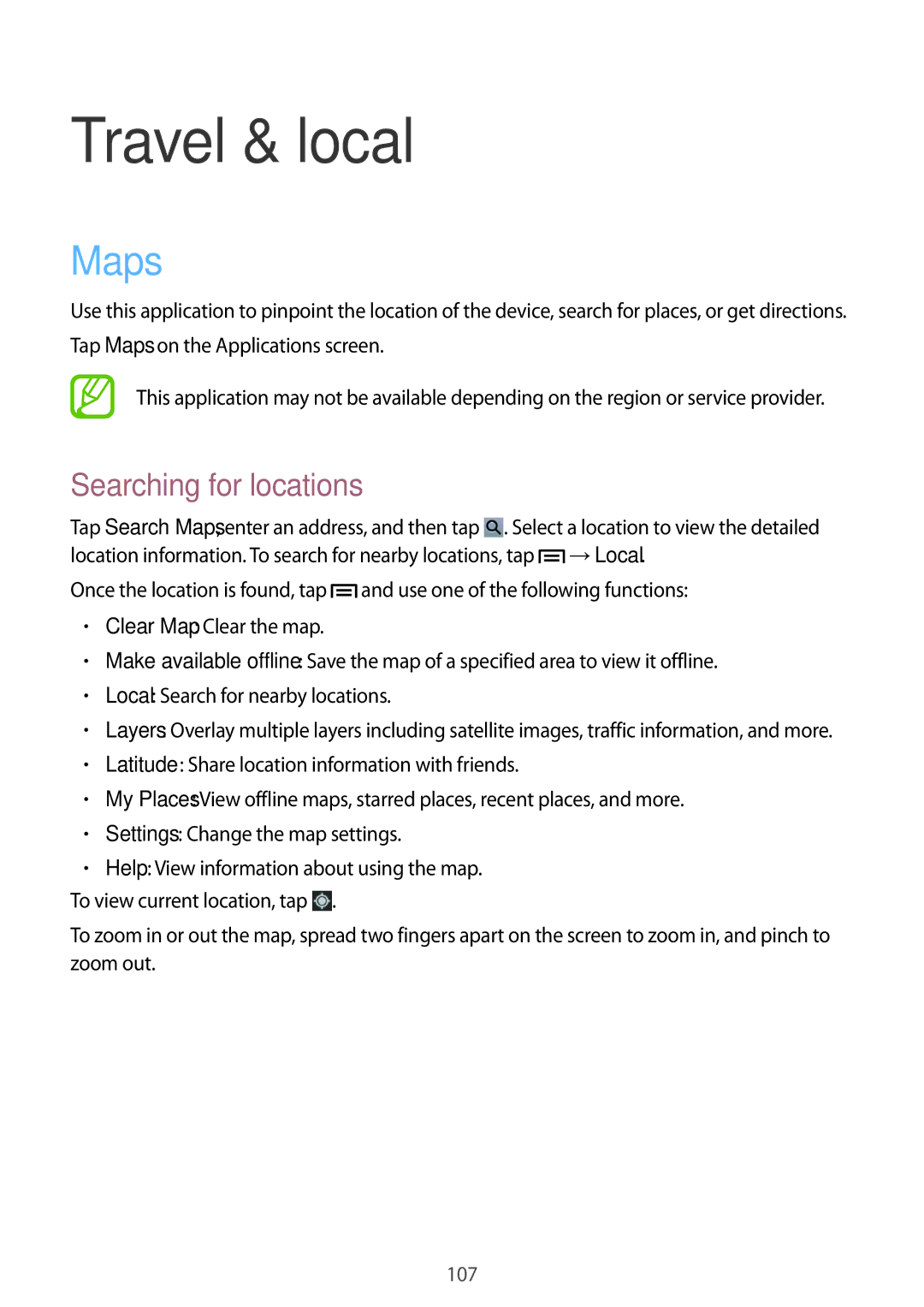 Samsung GT-N5120ZWAO2C, GT-N5120NKAXEF, GT-N5120ZWAXEF, GT-N5120NKANEE manual Travel & local, Maps, Searching for locations 