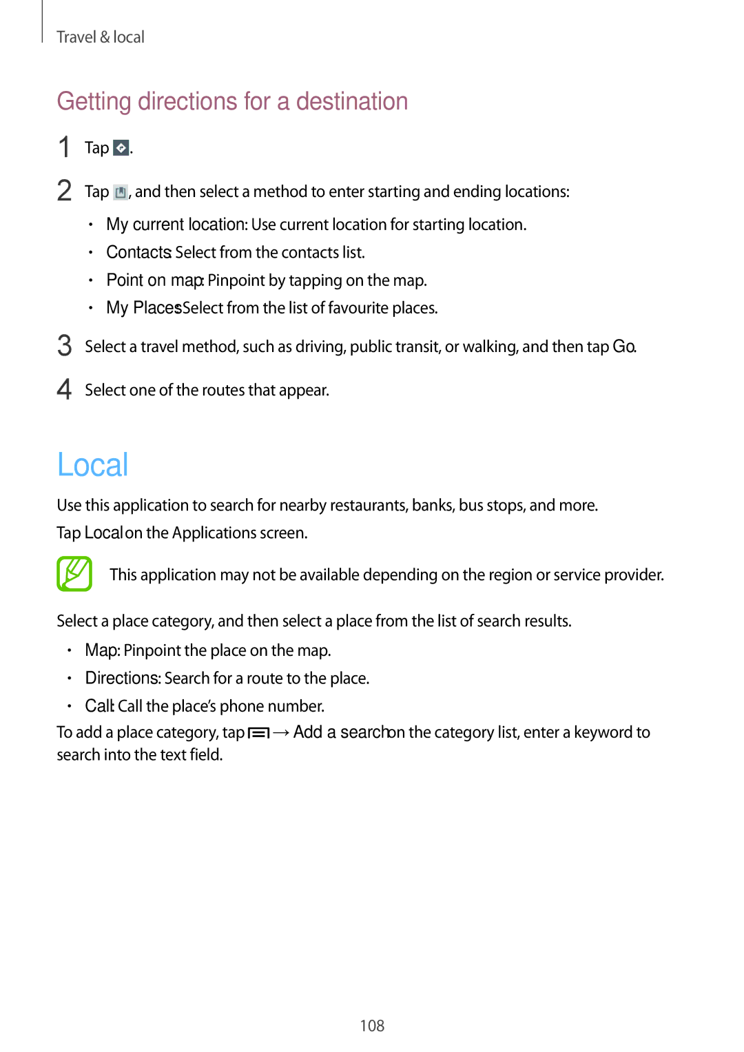 Samsung GT-N5120NKANEE, GT-N5120NKAXEF, GT-N5120ZWAXEF, GT-N5120ZWAO2C manual Local, Getting directions for a destination 