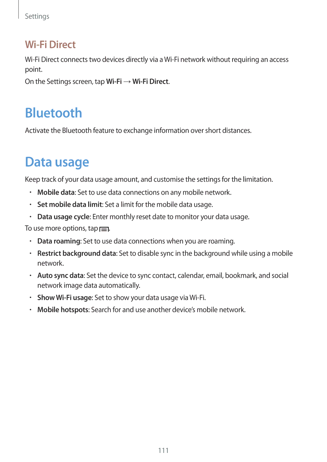 Samsung GT-N5120ZWASEB, GT-N5120NKAXEF, GT-N5120ZWAXEF, GT-N5120ZWAO2C, GT-N5120NKANEE manual Data usage, Wi-Fi Direct 