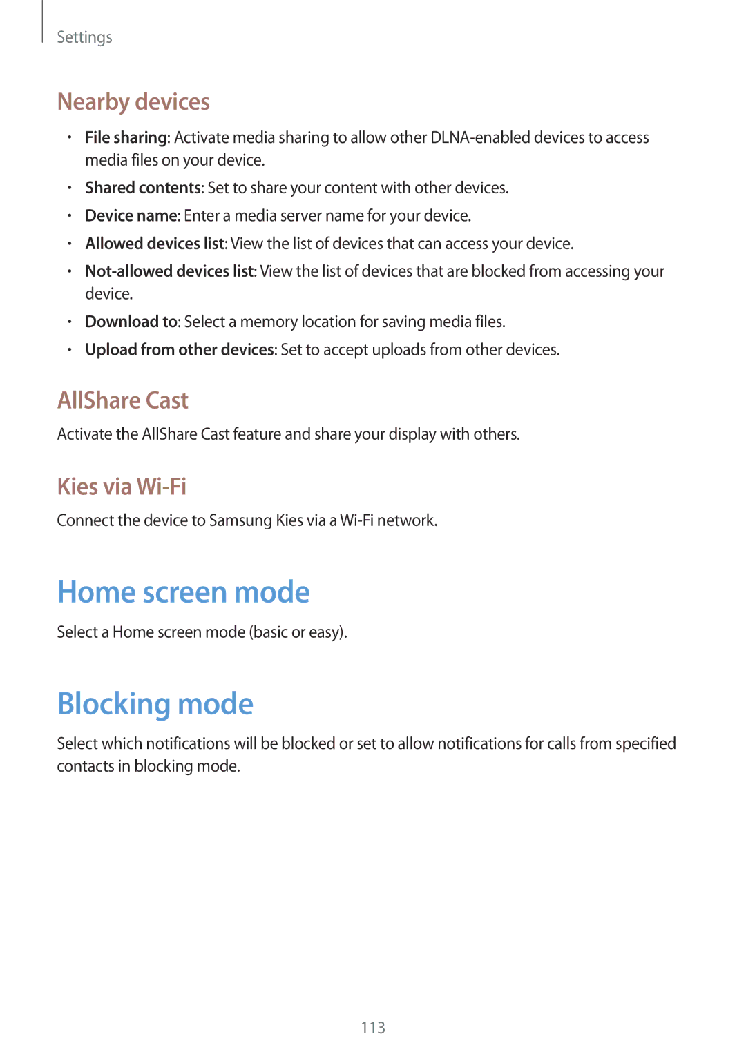 Samsung GT-N5120ZWAXEF, GT-N5120NKAXEF manual Home screen mode, Blocking mode, Nearby devices, AllShare Cast, Kies via Wi-Fi 