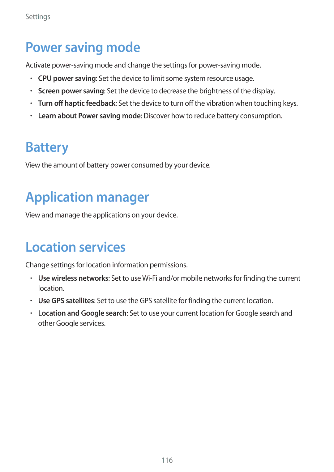 Samsung GT-N5120ZWANEE, GT-N5120NKAXEF, GT-N5120ZWAXEF Power saving mode, Battery, Application manager, Location services 