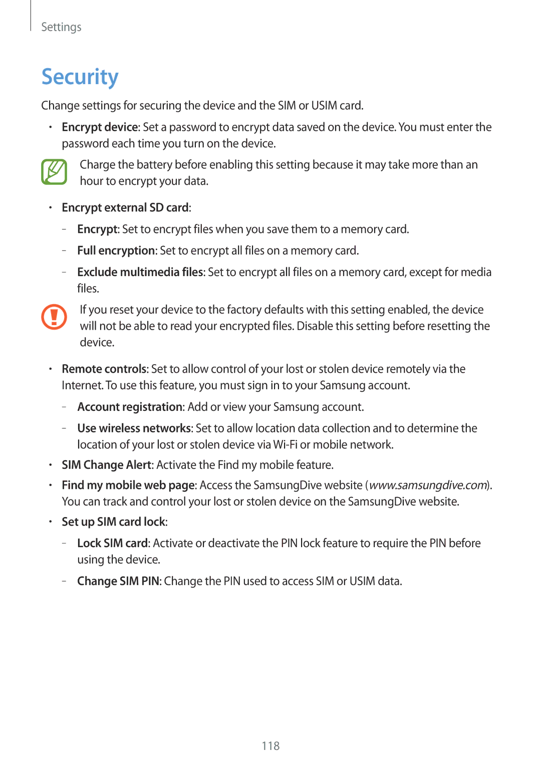Samsung GT-N5120ZWASEB, GT-N5120NKAXEF, GT-N5120ZWAXEF manual Security, Encrypt external SD card, Set up SIM card lock 