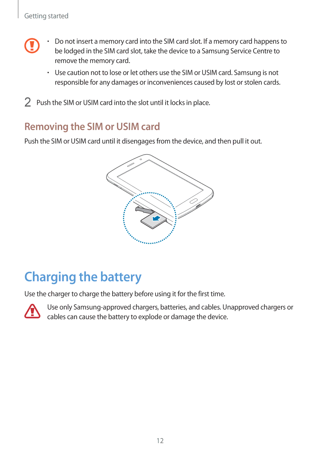 Samsung GT-N5120NKASEB, GT-N5120NKAXEF, GT-N5120ZWAXEF, GT-N5120ZWAO2C Charging the battery, Removing the SIM or Usim card 