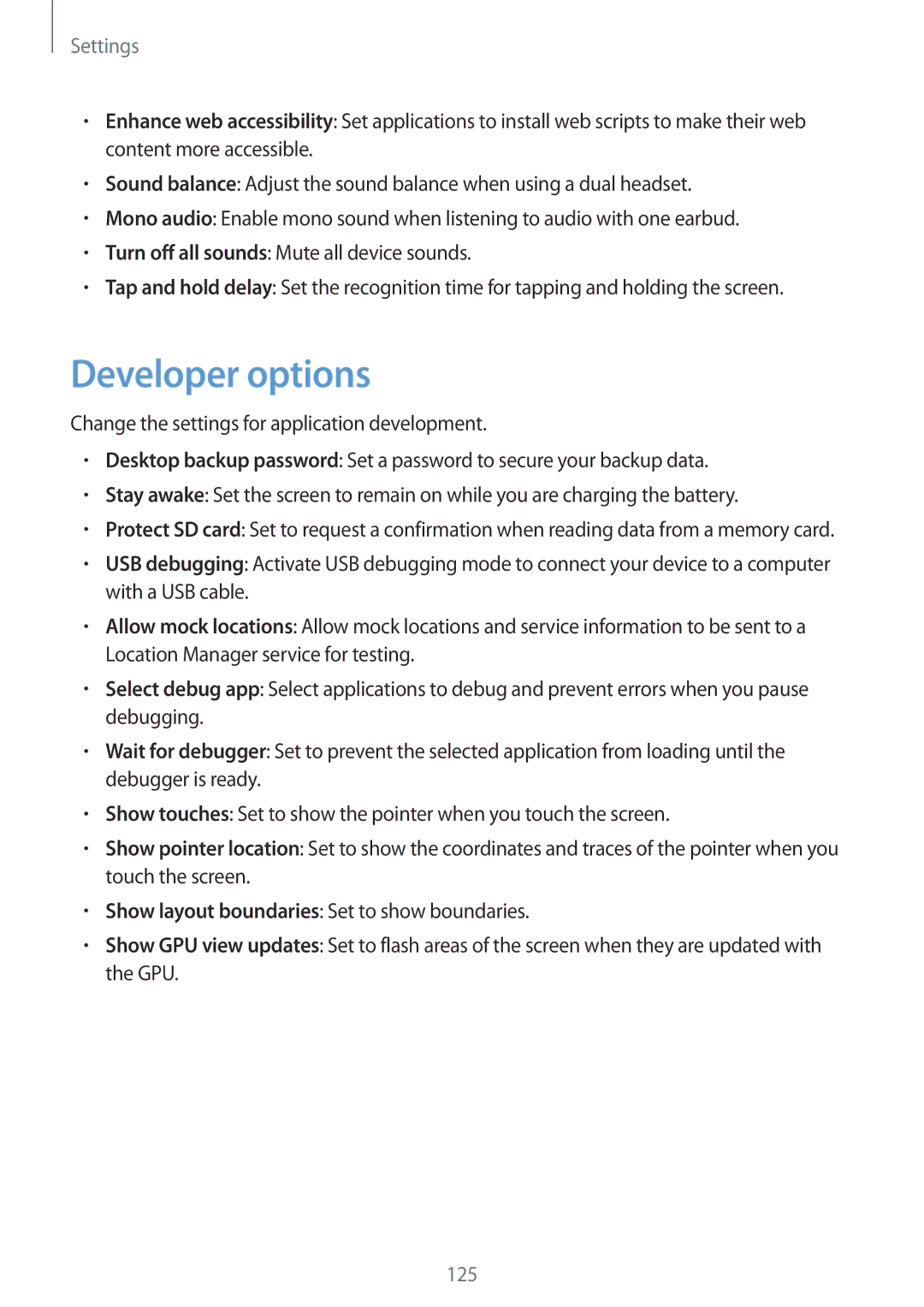 Samsung GT-N5120ZWASEB, GT-N5120NKAXEF, GT-N5120ZWAXEF, GT-N5120ZWAO2C, GT-N5120NKANEE, GT-N5120ZWANEE manual Developer options 