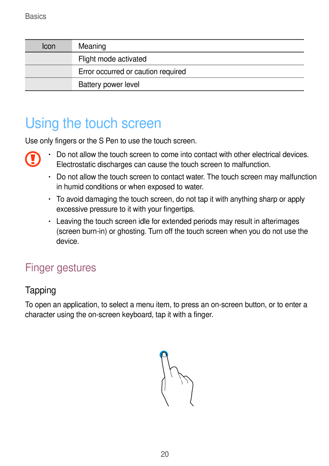 Samsung GT-N5120ZWASEB, GT-N5120NKAXEF, GT-N5120ZWAXEF, GT-N5120ZWAO2C manual Using the touch screen, Finger gestures, Tapping 