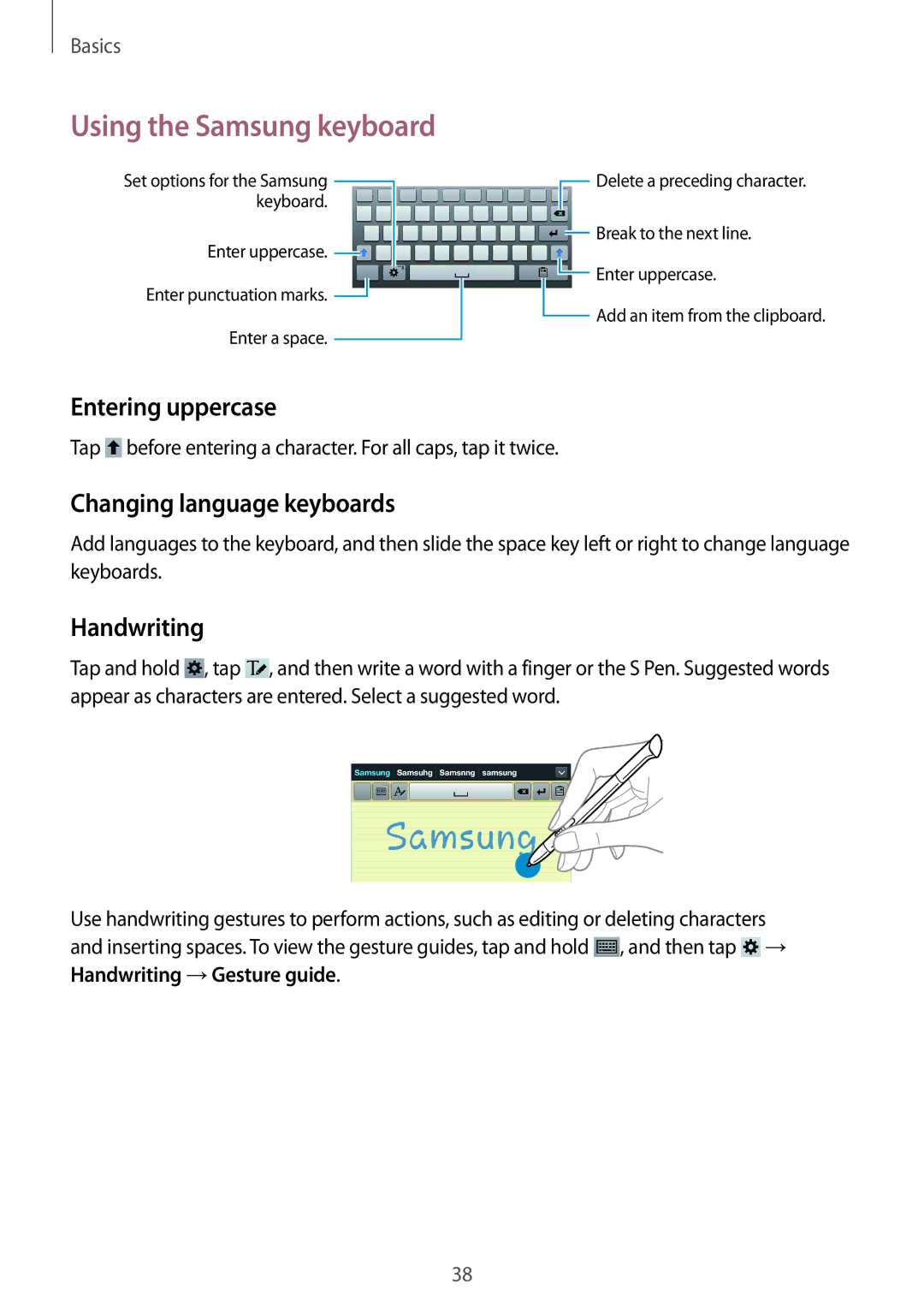 Samsung GT-N5120NKANEE manual Using the Samsung keyboard, Entering uppercase, Changing language keyboards, Handwriting 