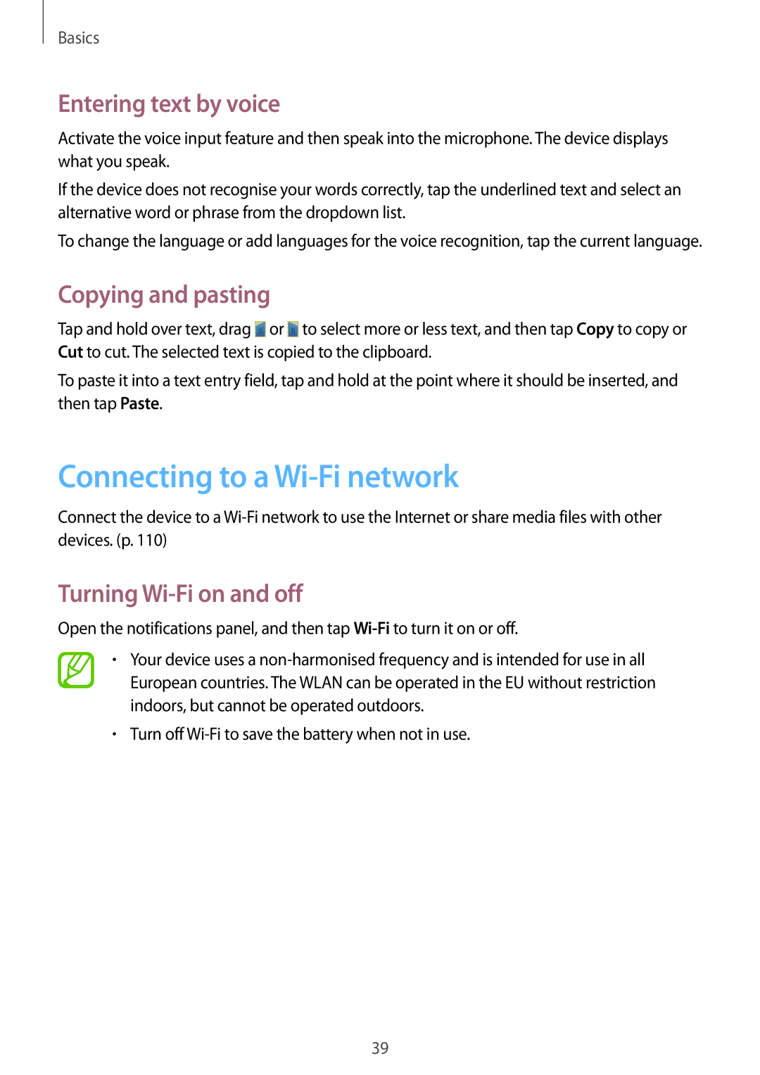 Samsung GT-N5120ZWANEE, GT-N5120NKAXEF manual Connecting to a Wi-Fi network, Entering text by voice, Copying and pasting 