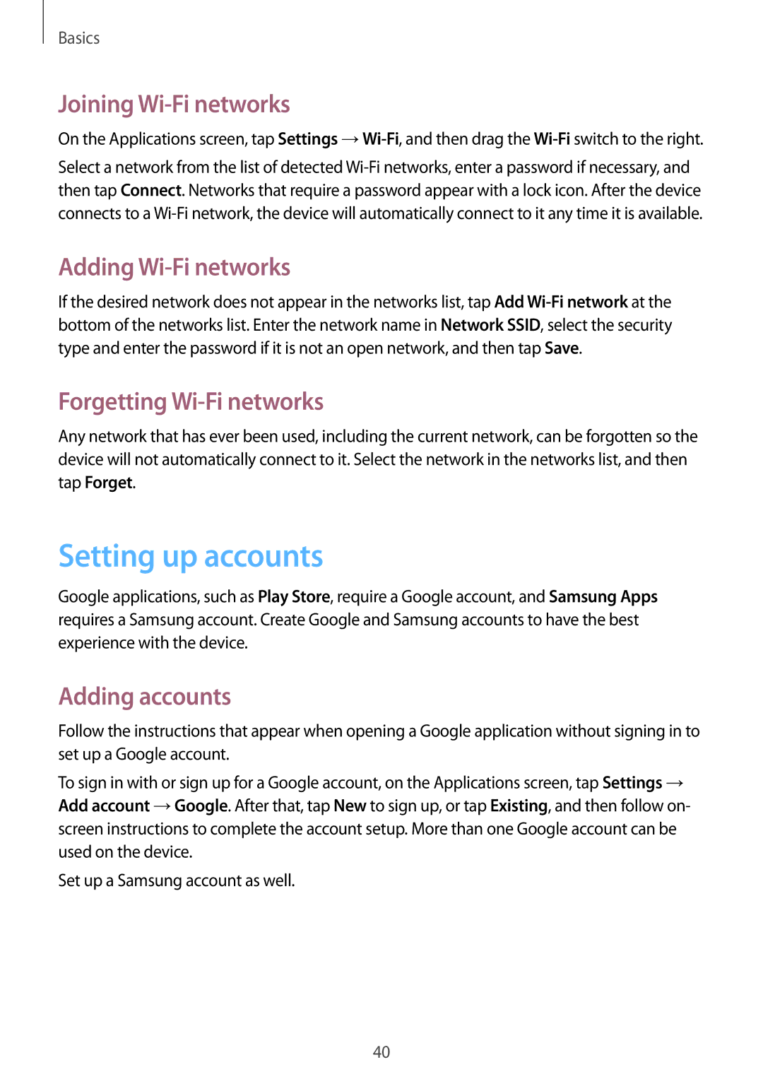 Samsung GT-N5120NKASEB manual Setting up accounts, Joining Wi-Fi networks, Adding Wi-Fi networks, Forgetting Wi-Fi networks 