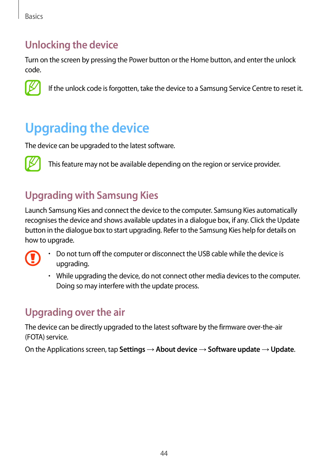 Samsung GT-N5120ZWAO2C Upgrading the device, Unlocking the device, Upgrading with Samsung Kies, Upgrading over the air 