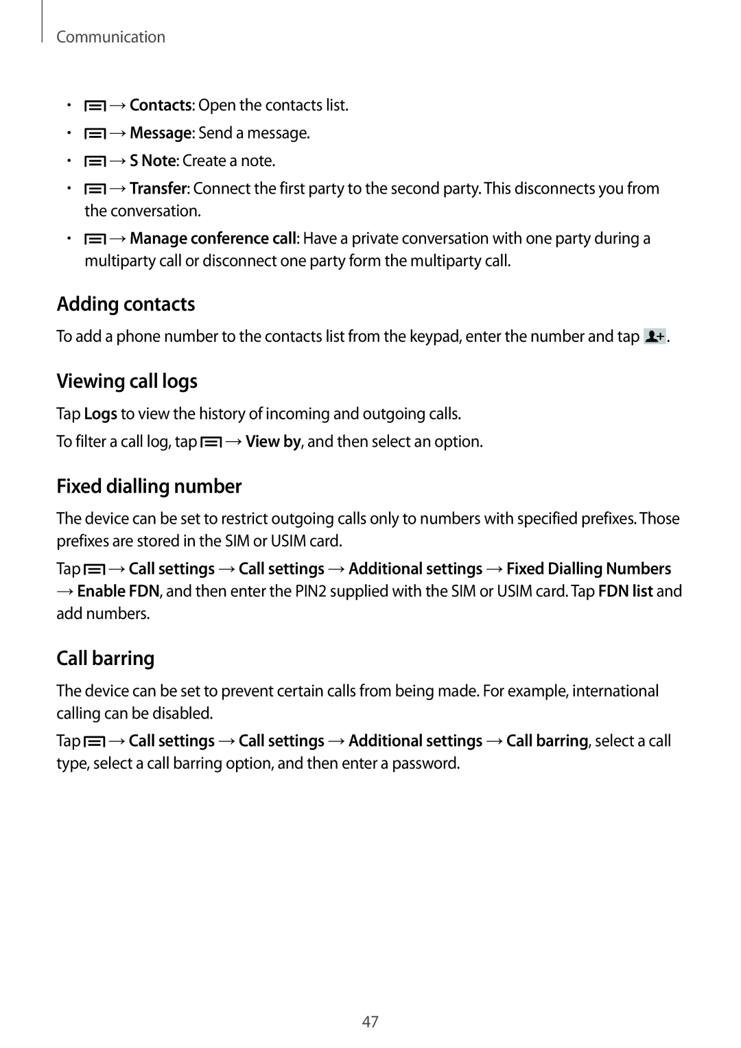 Samsung GT-N5120NKASEB, GT-N5120NKAXEF manual Adding contacts, Viewing call logs, Fixed dialling number, Call barring 