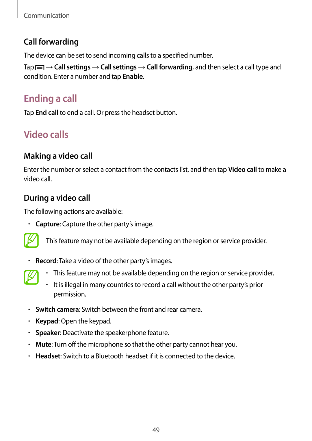 Samsung GT-N5120NKAXEF manual Ending a call, Video calls, Call forwarding, Making a video call, During a video call 