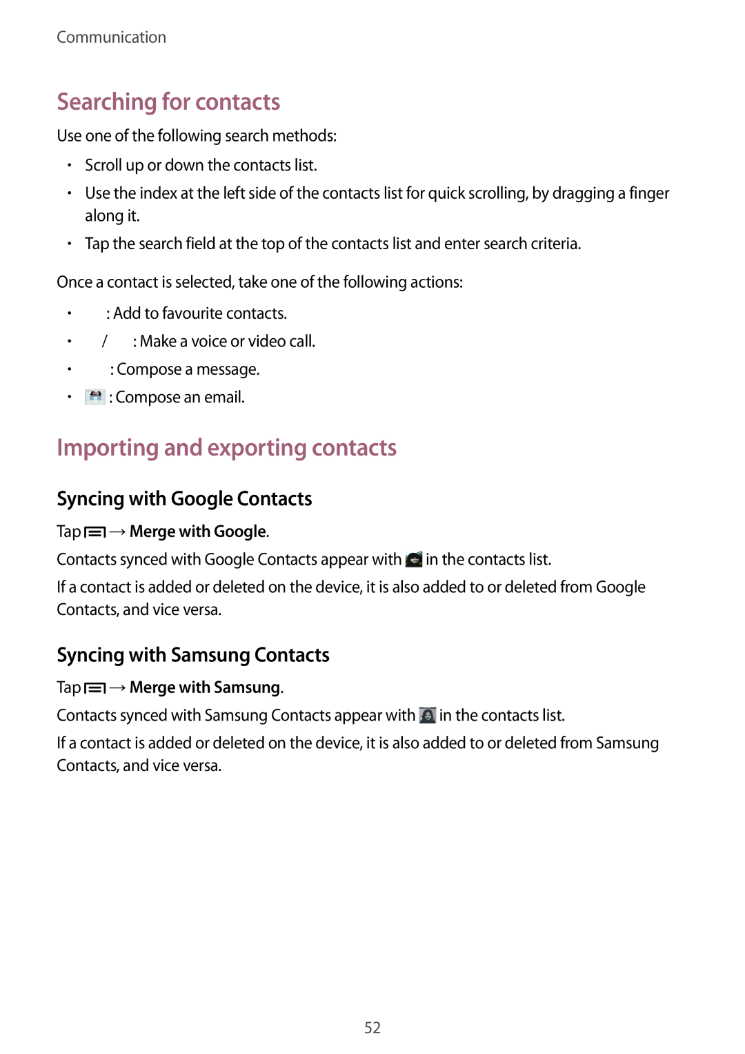 Samsung GT-N5120NKANEE manual Searching for contacts, Importing and exporting contacts, Syncing with Google Contacts 