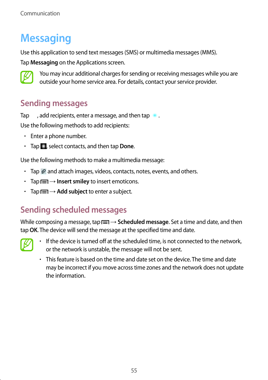 Samsung GT-N5120ZWASEB, GT-N5120NKAXEF, GT-N5120ZWAXEF manual Messaging, Sending messages, Sending scheduled messages 