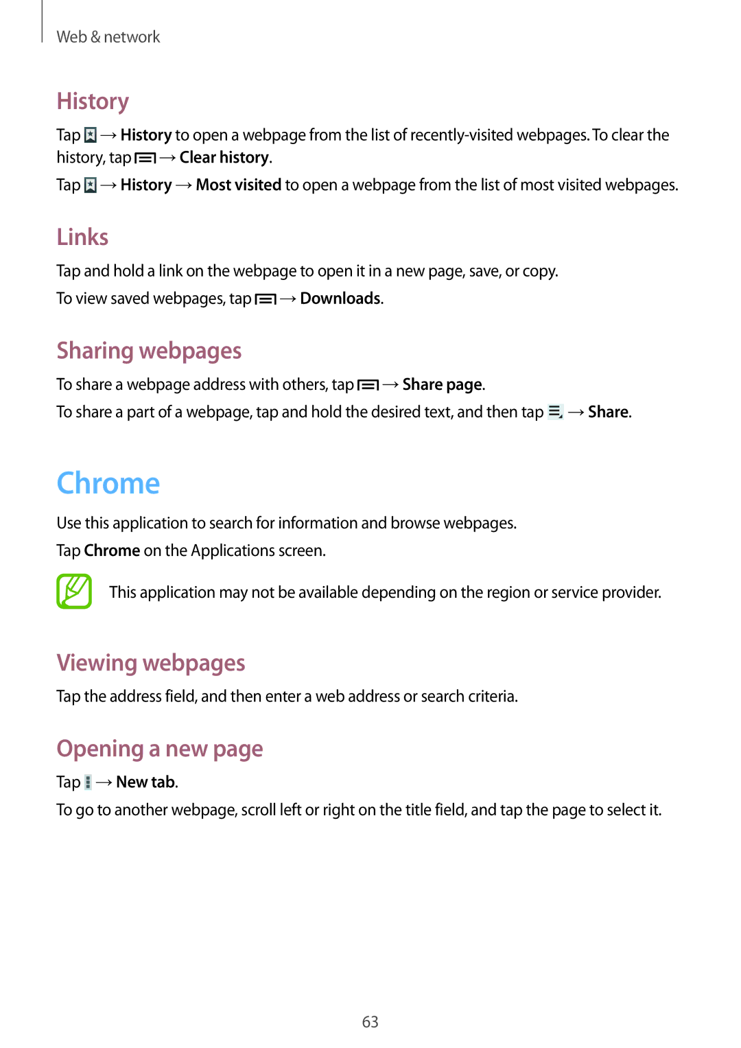 Samsung GT-N5120NKAXEF, GT-N5120ZWAXEF, GT-N5120ZWAO2C manual Chrome, History, Links, Sharing webpages, Tap →New tab 
