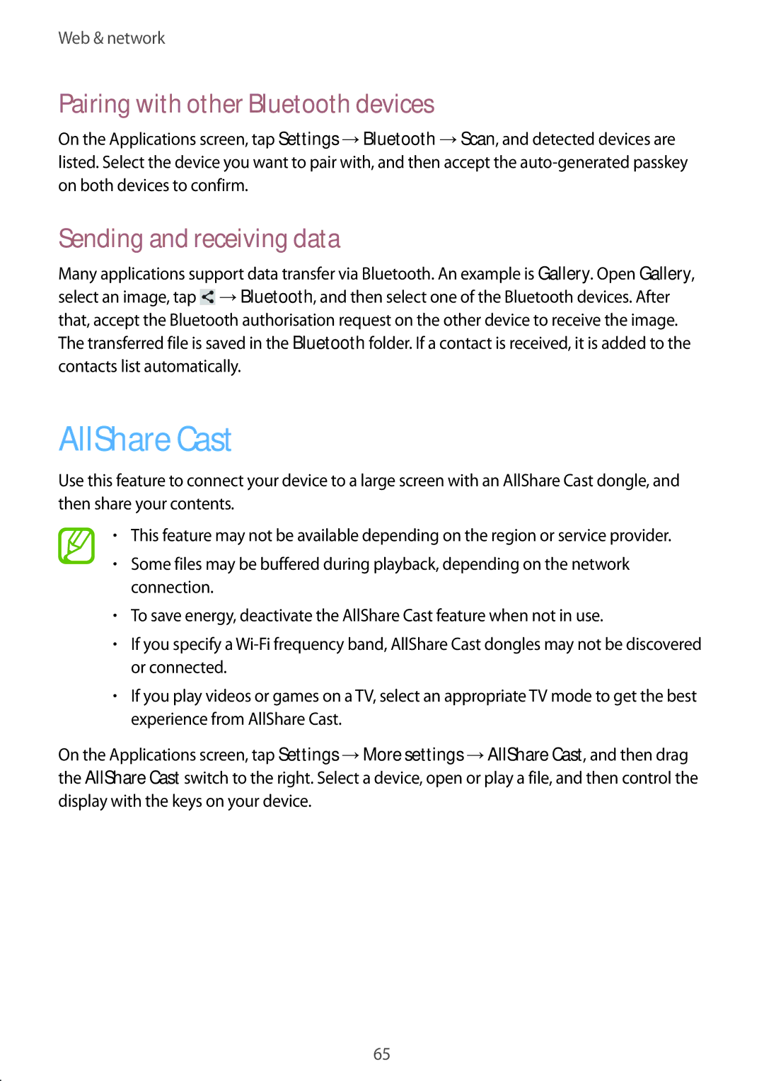 Samsung GT-N5120ZWAO2C, GT-N5120NKAXEF AllShare Cast, Pairing with other Bluetooth devices, Sending and receiving data 