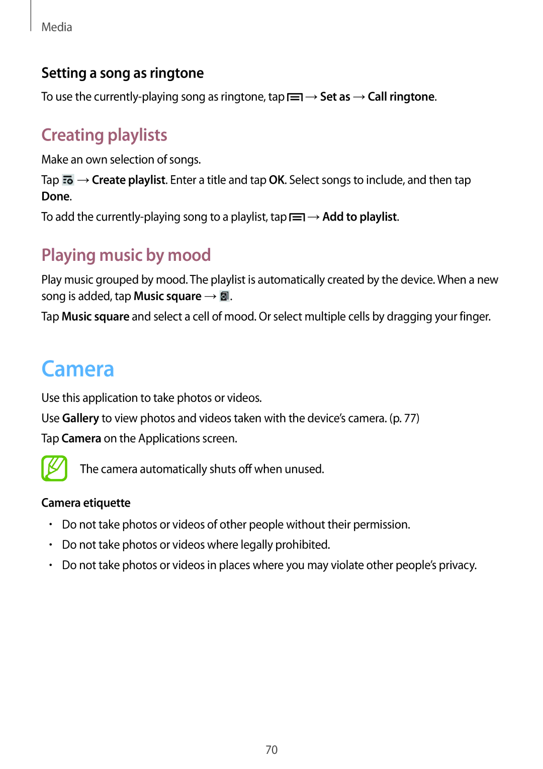 Samsung GT-N5120NKAXEF manual Creating playlists, Playing music by mood, Setting a song as ringtone, Camera etiquette 