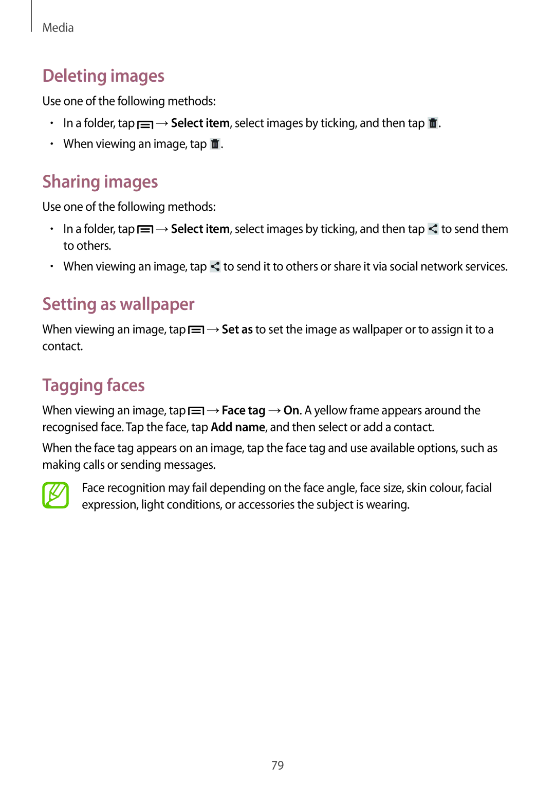 Samsung GT-N5120ZWAO2C, GT-N5120NKAXEF, GT-N5120ZWAXEF Deleting images, Sharing images, Setting as wallpaper, Tagging faces 