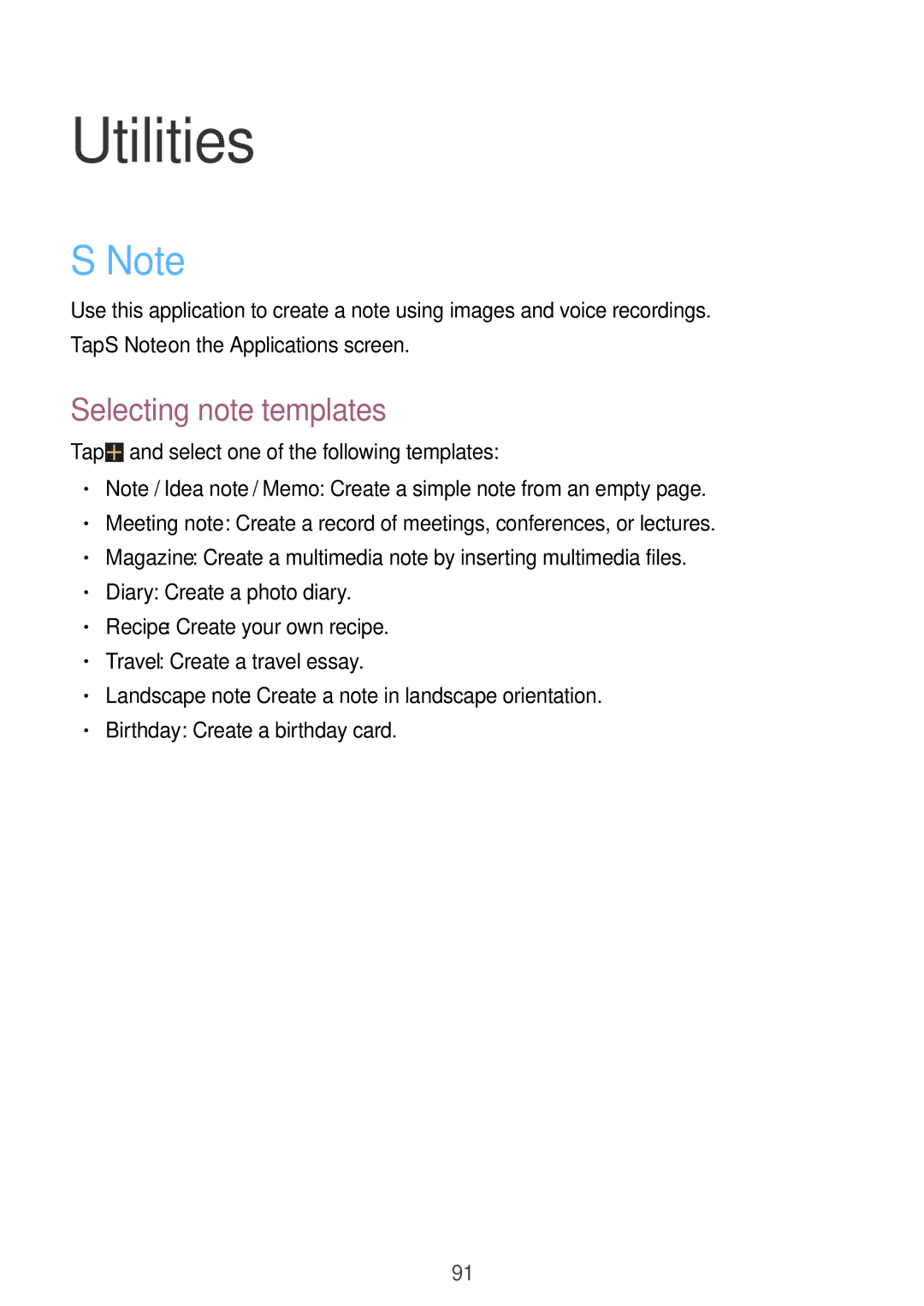 Samsung GT-N5120NKAXEF, GT-N5120ZWAXEF, GT-N5120ZWAO2C, GT-N5120NKANEE, GT-N5120ZWANEE Utilities, Selecting note templates 