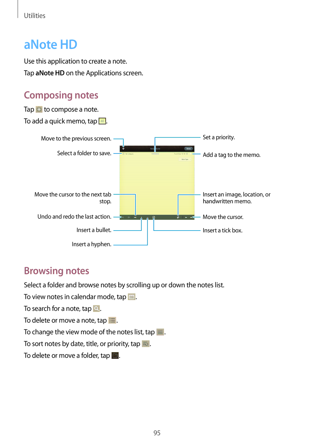 Samsung GT-N5120ZWANEE, GT-N5120NKAXEF, GT-N5120ZWAXEF manual ANote HD, Tap to compose a note To add a quick memo, tap 