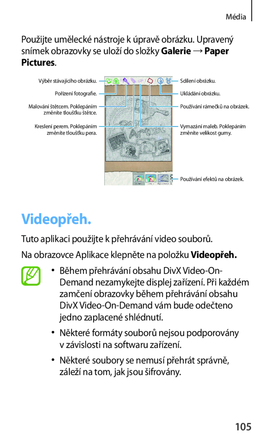 Samsung GT-N5120ZWAO2C manual Videopřeh, 105, Pictures, Tuto aplikaci použijte k přehrávání video souborů 