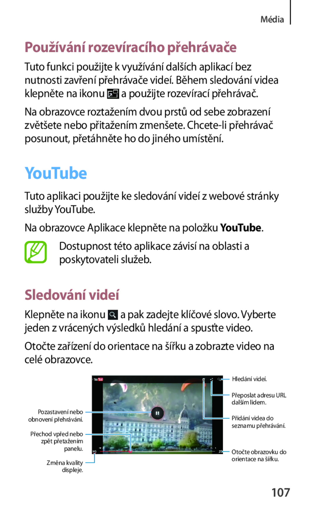 Samsung GT-N5120ZWAO2C manual YouTube, Používání rozevíracího přehrávače, Sledování videí, 107 