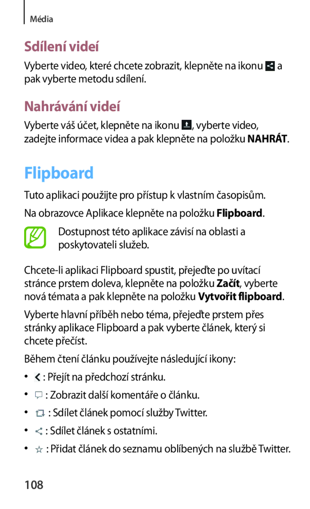 Samsung GT-N5120ZWAO2C manual Flipboard, Nahrávání videí, 108 